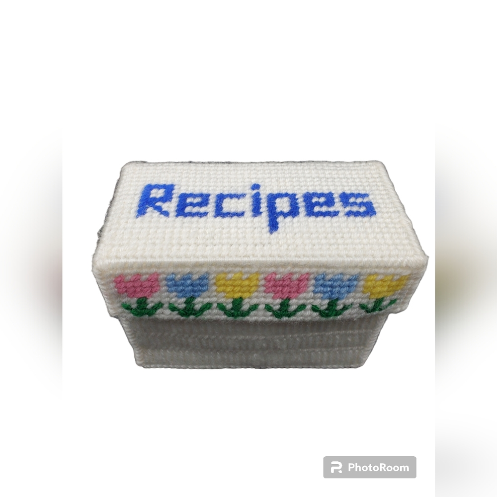 Handmade Plastic Canvas Recipes Box White With Yellow Blue Pink Flowers Adorable